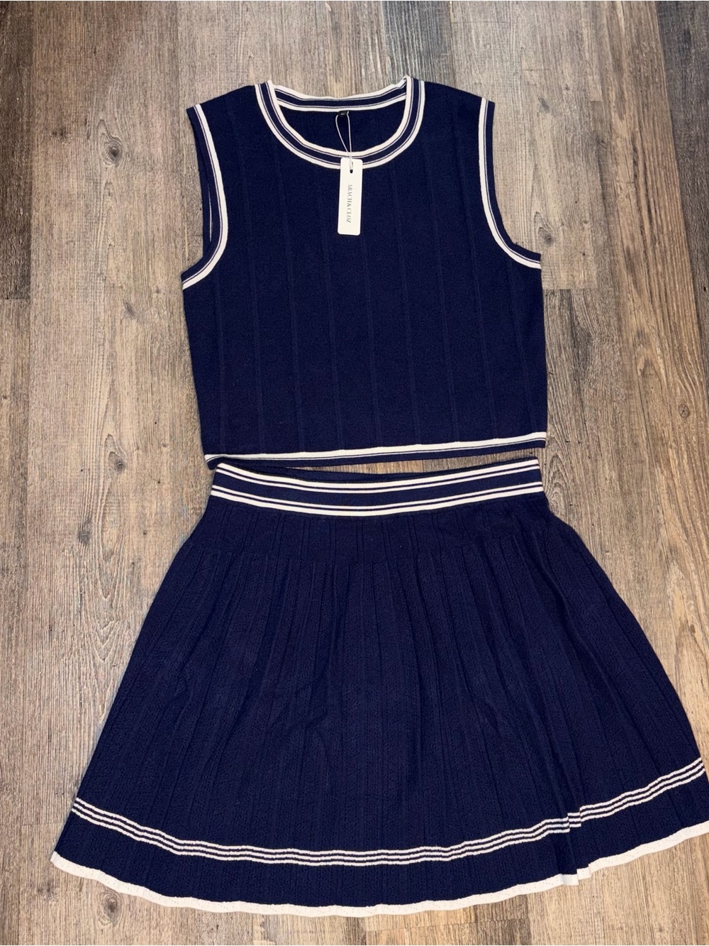 Navy Knit Two-Piece Tank & Skirt Set with White Trim